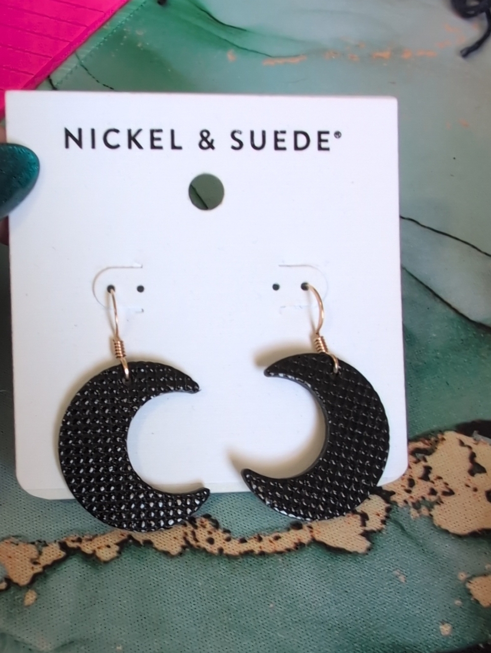 Nickel & Suede Black Crescent Moon Earrings